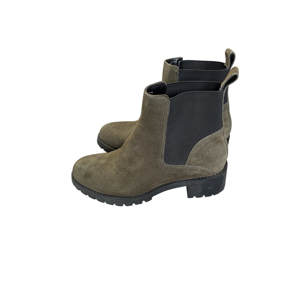 Womens Suede Chelsea Boots Size 7.5 Black/Olive Ankle Boot‎ Lug Sole Pull On